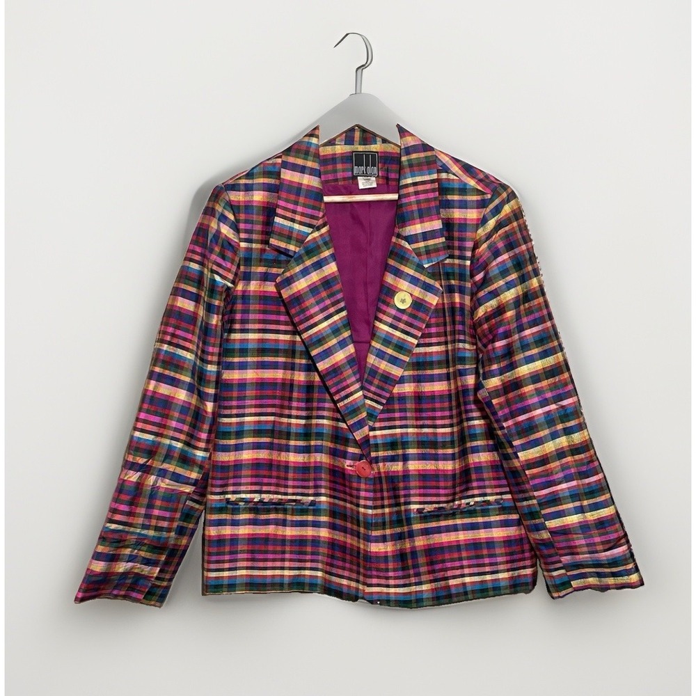 Vintage 90s Y2K Mark Alan 100% Silk Rainbow Maximalist Plaid Blazer Jacket Sz 12